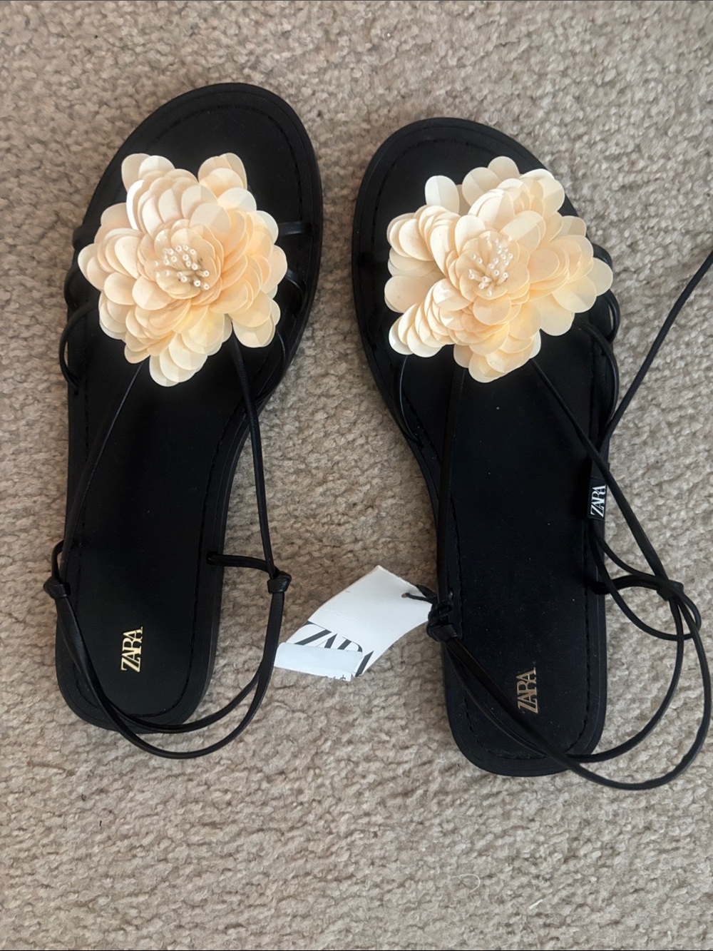 Zara Black Sandals with Cream Floral Appliqué